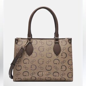 Guess oak park enlarged print small carryall purse brown tan logo